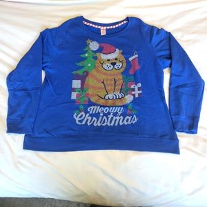 Holiday Time Meowy Christmas Cat Blue Sweashirt- XL (16/18)